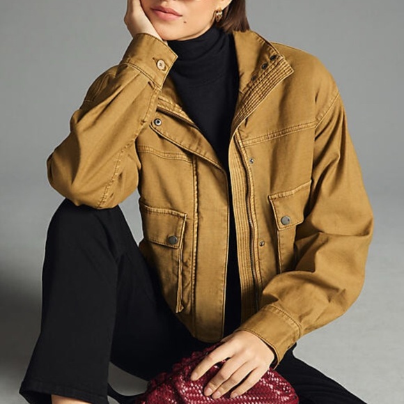 Pilcro Anthropologie Women's Crop Jacket Tan Full Zip Snap Size Large Tactical - Picture 1 of 16